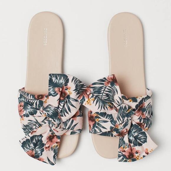 NWOT Divided by H&M Pink Floral Tropical Print Slides with Bow Accent – Sz 7 - Picture 1 of 8